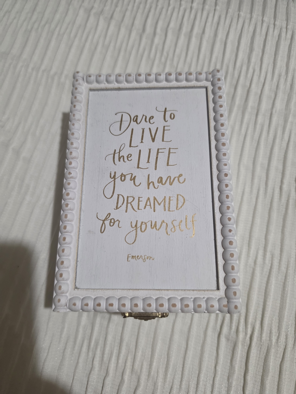 White Trinket Box With Gold Text Emerson Quote